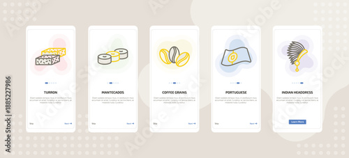 onboarding screen template for culture mobile app ui with turron, mantecados, coffee grains, portuguese, indian headdress icons.