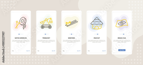 onboarding screen template for culture mobile app ui with native american drum, trebuchet, wontons, mud hut, brazil flag icons.