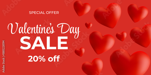 Horizontal sale, discount banner with text, 3d heart on red background for Valentines day, 20% off promotion, modern shopping advertisement template. Vector illustration EPS10