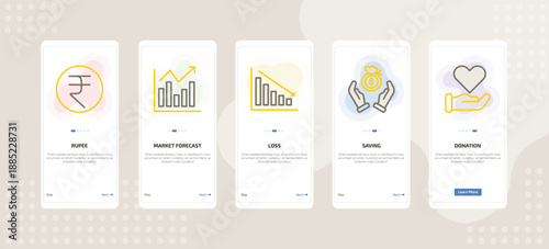 onboarding screen template for crypto mobile app ui with rupee, market forecast, loss, saving, donation icons.