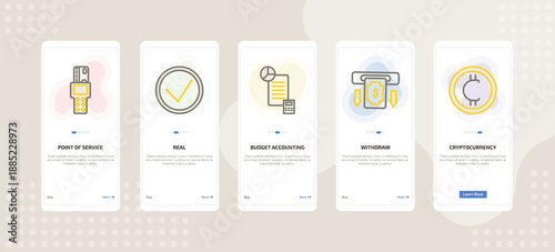 onboarding screen template for crypto mobile app ui with point of service, real, budget accounting, withdraw, cryptocurrency icons.