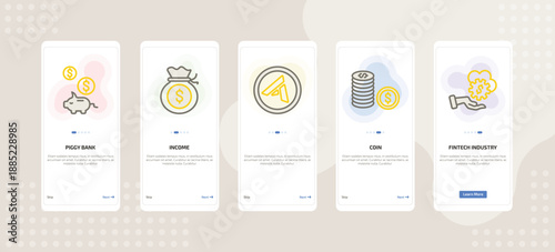 onboarding screen template for crypto mobile app ui with piggy bank, income, , coin, fintech industry