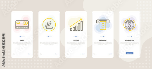 onboarding screen template for crypto mobile app ui with card, , stocks, cash hine, money flow