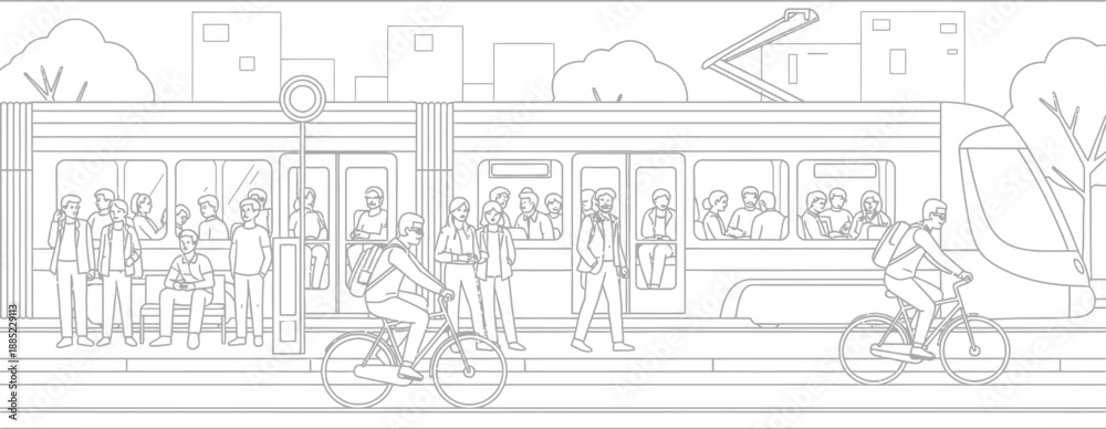 Obraz premium Black and white line art illustration depicting busy urban multimodal transportation featuring passengers waiting near a modern streetcar and active cyclists commuting outdoors.