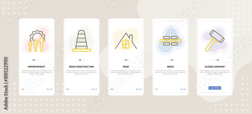 onboarding screen template for building tools mobile app ui with improvement, road construction, roof, brick, sledge hammer icons.