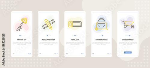 onboarding screen template for building tools mobile app ui with antique key, pencil and ruler, metal saw, concrete mixer, wheel barrow icons.