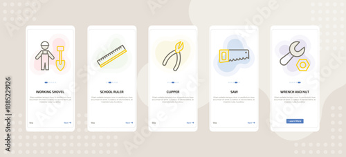onboarding screen template for building tools mobile app ui with working shovel, school ruler, clipper, saw, wrench and nut icons.