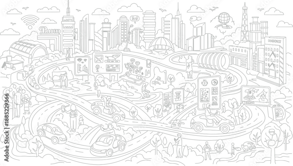 Fototapeta premium Detailed line art illustration depicting a futuristic smart city environment showcasing advanced interconnected technology autonomous vehicles and digital information displays everywhere