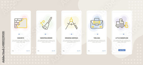 onboarding screen template for construction mobile app ui with concrete, sweeping broom, drawing compass, tool bag, little snowplow icons.