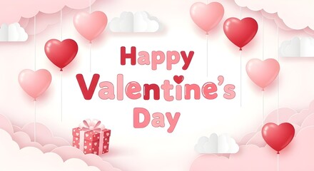 Valentine's Day Greeting Card Clipart - Heart Balloons, Gift Box & Clouds Paper Cut Design in Pink