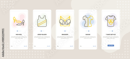 onboarding screen template for clothes mobile app ui with high heel, jersey blazer, brassiere, blouse, t shirt with de icons.