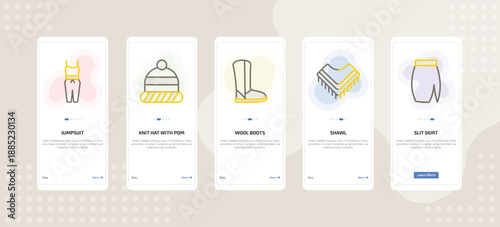 onboarding screen template for clothes mobile app ui with jumpsuit, knit hat with pom pom, wool boots, shawl, slit skirt icons.