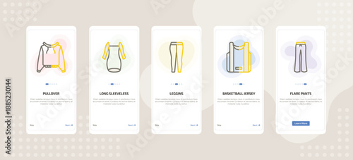 onboarding screen template for clothes mobile app ui with pullover, long sleeveless dress, leggins, basketball jersey, flare pants icons.