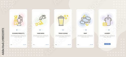 onboarding screen template for cleaning mobile app ui with cleaning products, hand wash, trash cleanin, soap, laundry icons.