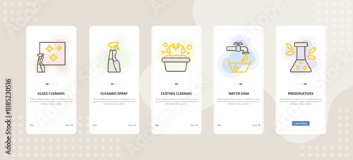 onboarding screen template for cleaning mobile app ui with glass cleaning, cleaning spray, clothes cleaning, water soak, preservatives icons.