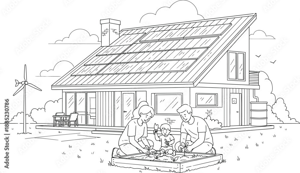 Fototapeta premium Family enjoys gardening outside their modern sustainable home featuring solar panels a small wind turbine and rainwater collection systems for green living