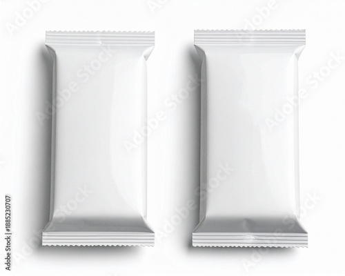 two blank white chocolate bar foil packs isolated on white background