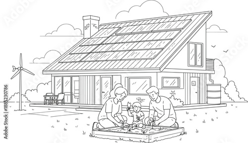 Family enjoys gardening outside their modern sustainable home featuring solar panels a small wind turbine and rainwater collection systems for green living