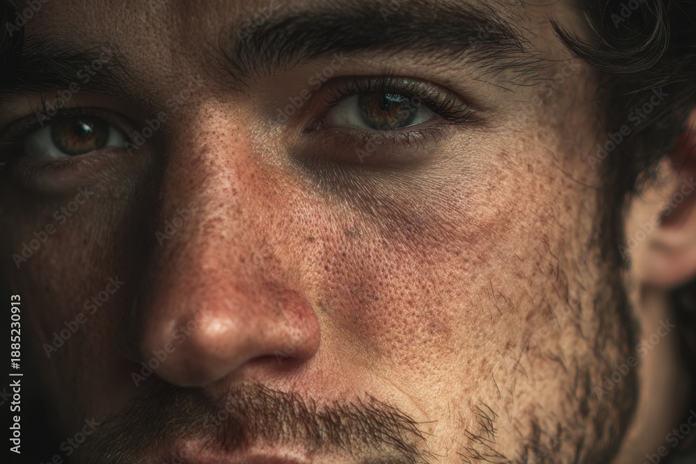Fototapeta premium Man gazing directly at the camera with intense expression, showcasing detailed facial features and natural textures in a realistic portrait style taken indoors during soft light conditions