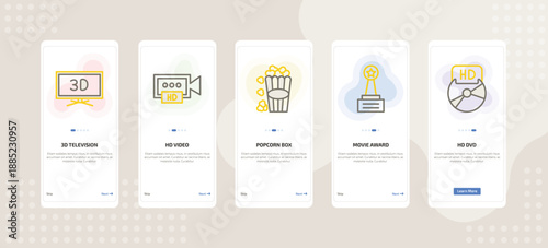 onboarding screen template for cinema mobile app ui with 3d television, hd video, popcorn box, movie award, hd dvd icons.