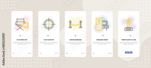 onboarding screen template for cinema mobile app ui with film director, film counter, cinema borders, dressing room, trophy with a star icons.