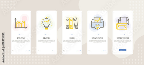 onboarding screen template for business mobile app ui with data wave, solution, binder, email analytics, correspondence icons.