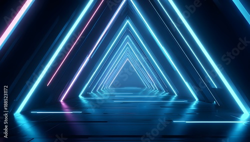 Abstract neon tunnel background with glowing cyan and pink geometric triangle shapes creating futuristic architectural space for digital technology and science fiction