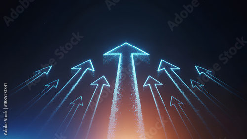 Glowing blue arrows pointing upwards with radiant trails against a dark background with orange light