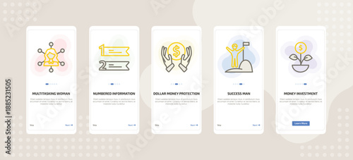 onboarding screen template for business mobile app ui with multitasking woman, numbered information, dollar money protection, success man, money investment icons.