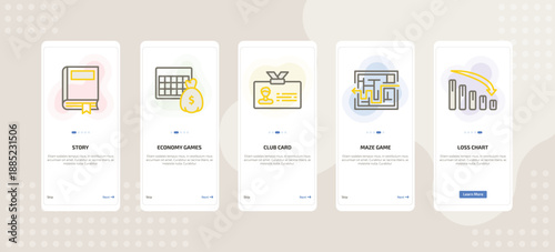 onboarding screen template for business mobile app ui with story, economy games, club card, maze game, loss chart icons.