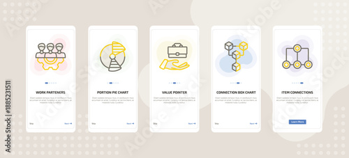 onboarding screen template for business mobile app ui with work parteners, portion pie chart, value pointer, connection box chart, item connections icons.