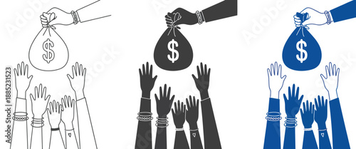Three variations of a money bag being held over hands in monochrome and blue color schemes, representing finance, investment, savings, charity, and financial growth vector illustrations.
