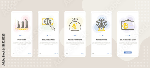onboarding screen template for business mobile app ui with dual chart, dollar business search, pounds money bag, ferris wheels, color business card icons.