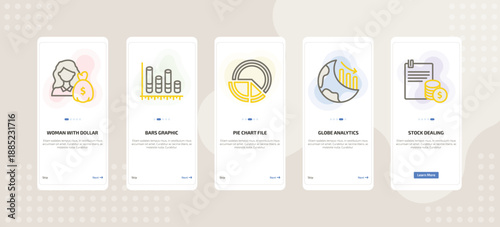 onboarding screen template for business mobile app ui with woman with dollar bill, bars graphic, pie chart file, globe analytics, stock dealing icons.
