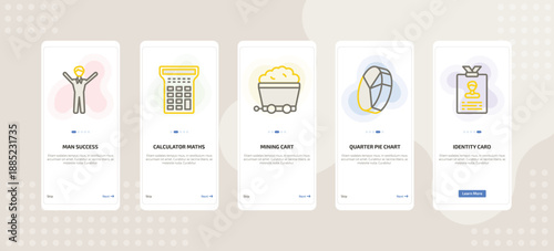 onboarding screen template for business mobile app ui with man success, calculator maths tool, mining cart, quarter pie chart, identity card icons.