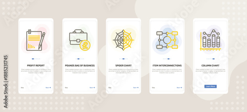 onboarding screen template for business mobile app ui with profit report, pounds bag of business, spider chart, item interconnections, column chart icons.