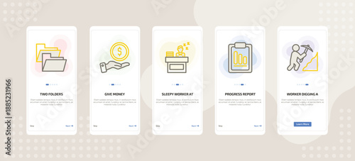 onboarding screen template for business mobile app ui with two folders, give money, sleepy worker at work, progress report, worker digging a hole icons.