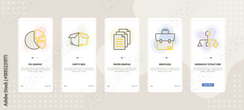 onboarding screen template for business mobile app ui with pie graphic, empty box, paper graphic, briefcase, hierarchy structure icons.