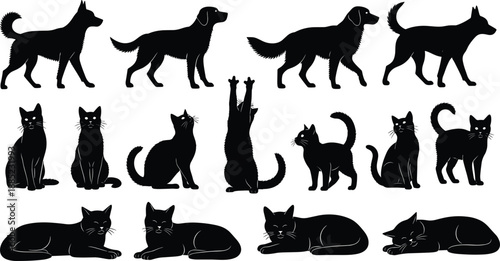 Dog and cat silhouettes collection showing walking standing sitting stretching and resting poses, domestic pets set, black vector illustration isolated white background
