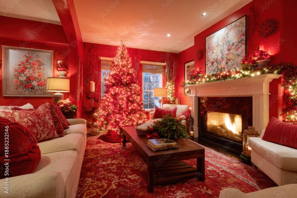 Fototapeta premium Vibrant red Christmas tree creates a festive atmosphere in a beautifully decorated living room with warm fireplace glow
