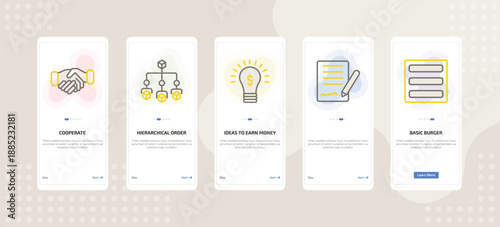 onboarding screen template for business mobile app ui with cooperate, hierarchical order, ideas to earn money, , basic burger