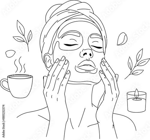 Minimalist line art illustration depicts a woman enjoying a relaxing self care facial mask treatment with a warm drink and soft candlelight.
