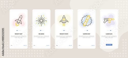 onboarding screen template for astronomy mobile app ui with rocket ship, big bang, rocket start, gamma ray, laser gun icons.