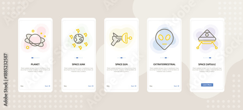 onboarding screen template for astronomy mobile app ui with planet, space junk, space gun, extraterrestrial, space capsule icons.