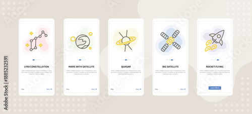onboarding screen template for astronomy mobile app ui with lyra constellation, mars with satellite, quasar, big satellite, rocket flying icons.