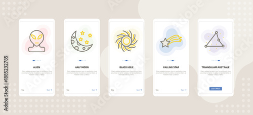onboarding screen template for astronomy mobile app ui with alien, half moon, black hole, falling star, triangulam australe icons.