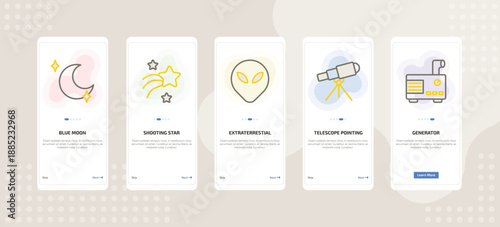 onboarding screen template for astronomy mobile app ui with blue moon, shooting star, extraterrestial head, telescope pointing up, generator icons.