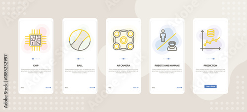 onboarding screen template for AI mobile app ui with chip, ball, ar camera, robots and humans, prediction icons.