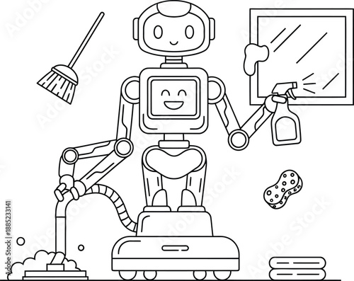 Smiling household robot performing various cleaning tasks including vacuuming spraying a window sweeping and holding cleaning supplies for domestic help