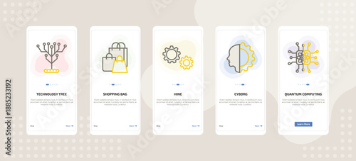 onboarding screen template for AI mobile app ui with technology tree, shopping bag, hine, cyborg, quantum computing icons.
